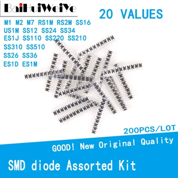 200pcs/lot diode SMD Asortate Kit 20value SS110 SS220 SS210 SS310 SS510 SS16 SS26 SS34 SS36 ES1J ES1D M7 M4 US1M M1 M2