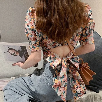 2021 Epocă Puf Slevee Floral Bluza de Vara Pătrat Guler Femei Scurt Designer Topuri Casual de Primavara o Scurtă franceză Tricou
