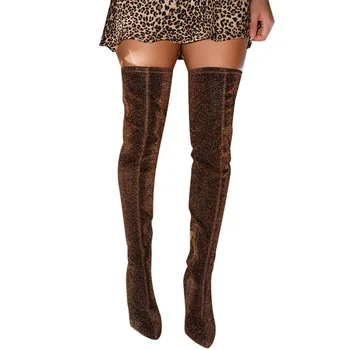 2021 Femei Cizme Peste Coapsa High Heels Leopard de Imprimare Întinde Ciorapi Slip-On Cizme de Iarna Sexy si Damele Peste Genunchi, pantofi
