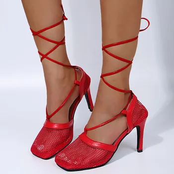 2021 Femei Sandale de Vară Curea Glezna Plasă de Aproape Toe Dantela-up Feminin Tocuri inalte Respirabil pentru Femei de Moda Pantofi Stiletto