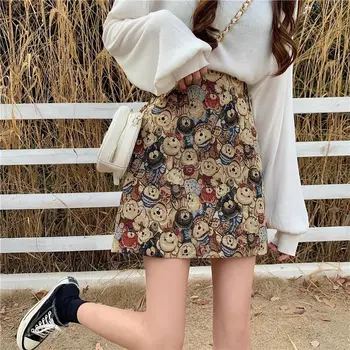 2021 Harajuku retro print poarte fusta talie mare de lână fusta a-line student sac de șold fusta feminin kawaii Femei haine de vară