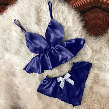 2021 Noi Femeile Arc Sleepwear Fără Mâneci Curea De Îmbrăcăminte De Noapte De Dantelă Asieta Satin Cami Top Seturi De Pijama Femme Lenjerie Sexy Pijamale Femei