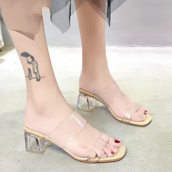2021 Nou Clar Tocuri Papuci Femei Sandale Pantofi De Vara Pentru Femeie Transparent De Înaltă Pompe De Nunta Jeleu Sexy Toc Patrat