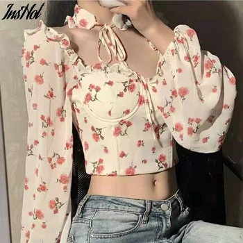 2021 Nou Sexy Femei Topuri Gotic Print Floral Elegant Șifon Bluza, Tricouri Cu Maneca Lunga Roz Doamna Culturilor Topuri Haine