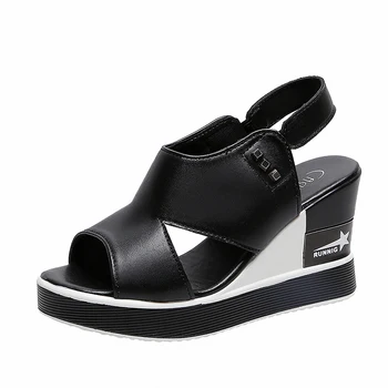 2021 Pantofi de Vara pentru Femei Pene Tocuri Sandale Tinere Casual, Sandale Pantofi Alb Negru Pană Toc de 8.5 cm