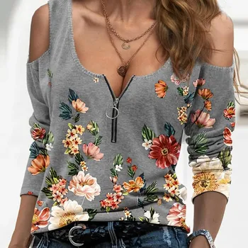 2021 Primăvară Femei Elegante, Topuri Zip V-Neck Floral Imprimat Tricou Sexy Femei De Pe Umăr Bluza Casual De Vara Tricou De Bumbac
