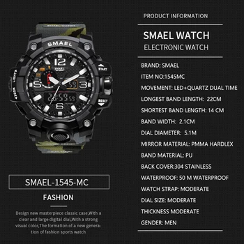 2021 SMAEL Ceasuri Pentru Barbati 50 M rezistent la apă Ceas Deșteptător reloj hombre 1545D Dual Display Ceas de mână Cuarț Ceas Militar Sport Nou