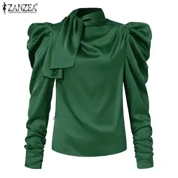 2021 Toamna Femei Bluza ZANZEA Elegant OL Papion Shirt Doamnelor Puff Maneca Topuri Casual Solid O-gât Blusa Femme Supradimensionat