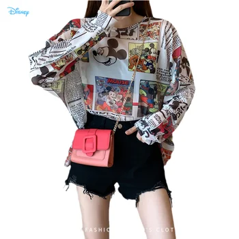 2021 Vara Vogue Anime Celebru Mickey Mouse-ul de Brand Mesh Tricou Femei de Protecție solară Transparentă Bluza cu Maneci Lungi Doamnelor T-shirt