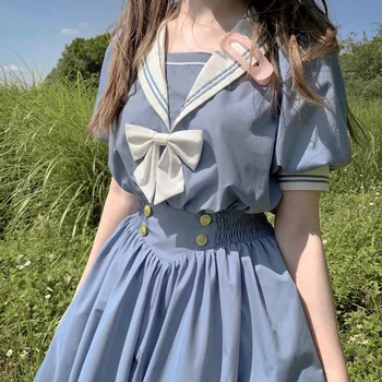 2021 Vară Japoneză Lolita Dulce Arc-nod Retro Bumbac Kawaii Stil Preppy Maneci Scurte Rochie de Femei Guler Marinar Navy Rochie