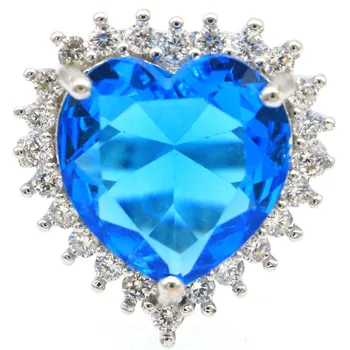 22x21mm Delicat, Fin Tăiat Inima 15mm Creat Paris Albastru Topaz, Zircon Cubic Pentru Femei, Mireasa, Nunta de Argint Inele