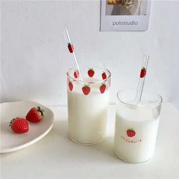 300ml de Capsuni Drăguț Nordic Ceașcă de Sticlă Cu Paie Creative Transparent Cana de Apa Student Lapte de Sticlă Rezistentă la Căldură