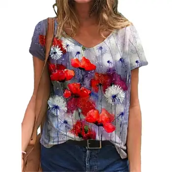3XL Supradimensionate Doamnelor Topuri Femei Plus Dimensiune Florale 3D de Imprimare Tricou Vrac V-Neck Maneca Scurta Casual Tee Top de Vara Noi Streetwear