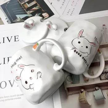 420ml Ceramice Iepure cana cu desene animate 3D stereo cupa capacul și ridiche Lingura de Cana de Cafea Creative Drăguț Cuplu Ceașcă de fata cadouri