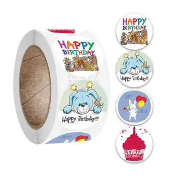 500Pcs/Rola copii Copii Copii Desene animate Happy Birthday Rotund Autocolant Etichete pentru Scrapbooking Carduri Plicuri Petrecere Decor
