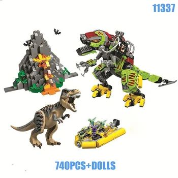 740Pcs Lume T. rex vs Dino-Mech Battle rocă Vulcanică Jurassicing Model Blocuri Baieti Copii Compatibil Cu Caramida Pentru Cadou