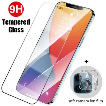 9H Ecran Protector pentru iPhone 13 12 11 X XR 6 8 7 Plus SE 2IN1 Sticlă Transparentă + Obiectiv Film pentru iPhone 12 Pro Max Sticlă de Telefon
