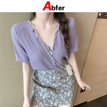 Abfer Tricouri Femei Stil Coreean Vrac Solid V-Neck Maneca Scurta Tricou Casual De Vara Bluza Vintage Camiseta Femme Violet Top
