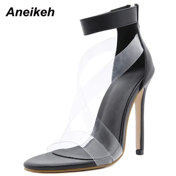 Aneikeh NOI Subțire Sexy, Pantofi cu Toc Pentru Femei 2021 PVC Peep Toe Sandalias De Las Mujeres Superficial Moda Gladiator Petrecere ZIP Solid