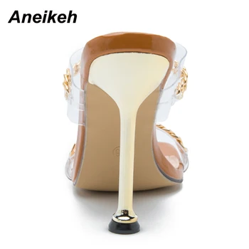 Aneikeh NOU Sexy din PVC Femei Pantofi de Vara Catâri Moderne, Papuci de casă Lanț de Capul Peep Toe Toc Subțire de Mare de Moda de Metal elemente d Petrecere