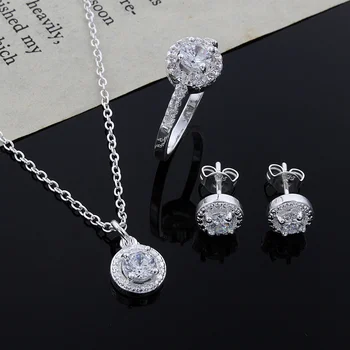 Argint 925 Drăguț Solid cadou de Crăciun nobil moda femei elegante strălucitoare de cristal CZ colier cercei inel Set de bijuterii