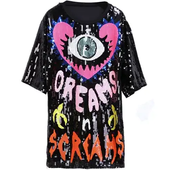 Brand de moda Harajuku Culoare Paiete Abstract Graffiti Teuri Rochie de Vara pentru Femei Negru Lung Liber Topuri Hip Hop Plus Dimensiune T-shirt