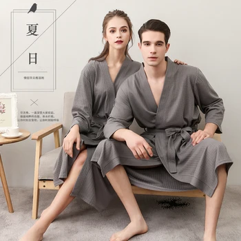 Bumbac Lung Gros Absorbant Terry Halat De Baie Kimono Bărbați Ușor Vafe Prosop Halat De Baie Plus Pijamale Femei Halat