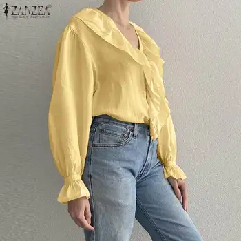 Casual Solid Zburli Dantelă Sus Tunica Femei Bluze Elegante ZANZEA Moda V Gât Pulover Office Lady coreeană de Bază Topuri
