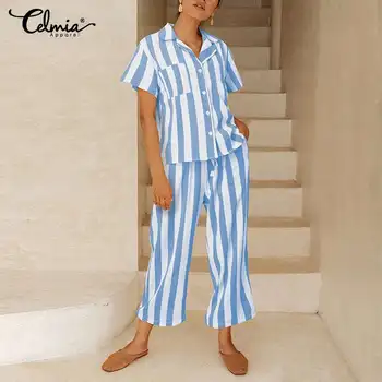 Celmia Femei Maneci Scurte Homewear Seturi de Pijama 2021 Moda cu Dungi Rever Body Casual de Vara Pantaloni scurti Pijamale 5XL