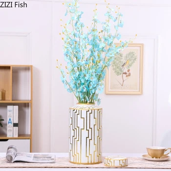 Ceramica Desktop Vaza Decor Rezervor de Stocare Meserii Living Cabinet Cadou Creativ de Aur Alb, Model cu Capac Sticla de Stocare