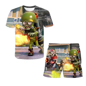 Copii 3DT Tricou Set de benzi Desenate de Plante Zombie Wars Maneca Scurta + pantaloni Scurti 2-piesă de Vară, de Plajă, îmbrăcăminte Băiat de Desene animate Gât Rotund Top Set