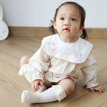Copil copil Copil Fete Genunchi Șosete Mari cu Mânere Ciufulit Dantela cu Nervuri Tricot de Culoare Solidă Non-Skid Bumbac Lung Ciorapi 0-3Y