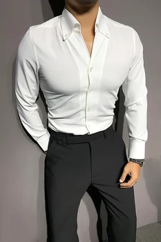 Coreeană Cămăși cu mânecă Lungă Bărbați de Culoare Solidă V-neck Tricou Casual Slim de Afaceri Rochie Formale Bărbați Îmbrăcăminte și Partidul Social Streetwear
