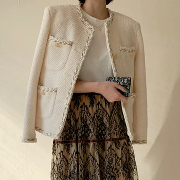 Coreeană Doamne Elegante Toamna Iarna Lână Haina Jacheta Femei Singure Pieptul De Brand Uza Haina De Moda Streetwear Sacou De Tweed
