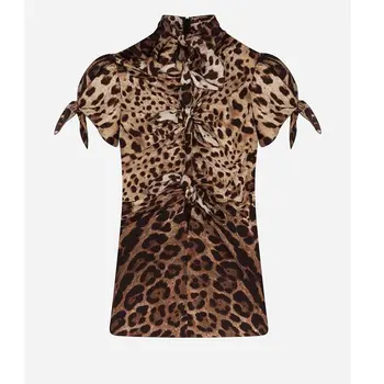 Cosmicchic Femei Seturi 2021 Primăvară-Vară Mătase De Imprimare Leopard Costum Scurt Puff Maneca Papion Camasa Plisata Înfășurat În Coadă De Pește Fusta