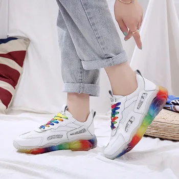 Cristal Jeleu De Jos Femei Pantofi Casual Nouă Primăvară Pantofi De Sport Transparent Colorat Cu Laser Femei Pantofi Curcubeu Dantele Adidași