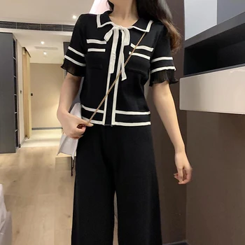 Dantelă Scurt, Pulovere Topuri + Pantaloni Largi Picior Stil Coreean Costum Volane Dungi Cu Maneci Scurte De Vara Tricotate Două Bucată Seturi Pentru Femei
