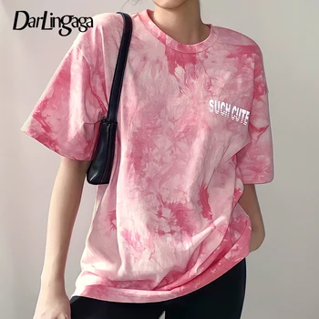 Darlingaga Liber Casual Roz Tie Dye Vara tricou Femei Reflectorizante Scrisoare de Imprimare de Top Tricou Harajuku Supradimensionat tricou 2021