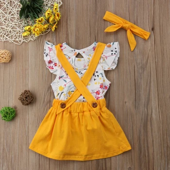 De vară pentru Copii Fete Copii din Bumbac Tricou Florale Topuri+Curea Rochie Fusta Costume de Haine Marimea 1-5T