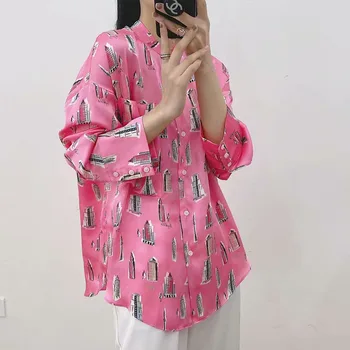 DiYiG WOMANSpring nou, de culoare roz imprimate gât rotund verticale cămașă de moda all-meci stil naveta
