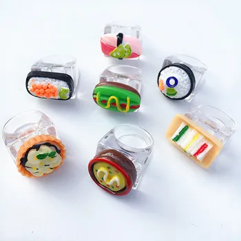 Drăguț Amuzant Acrilice Alimente Sandwich Sushi De Orez Pâine Inele Pentru Femei Fată La Modă De Rășină Transparentă Mari De Alimente Inel De Petrecere
