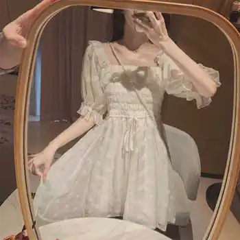 Elegant Fairy Dress Alb Puff Maneca Coreeană De Moda Rochie A-Line Zburli Vintage Rochie Mini Casual, Petrecere De Vacanță Rochie Vestidos