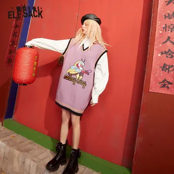 ELFSACK Monkey King Print Casual 2-ÎN-1 de Rochii de Femei,În 2020 Iarna ELF Felinar Vintage Maneca Doamnelor coreeană de zi cu Zi Cămașă Rochie