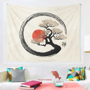 Enso Cercul și Copacul Bonsai pe Panza tapiserie Plapumă Cortina Pătură, lenjerie de Pat Foaie Prosop Aruncă pe Fereastră Perdea Tapiserii