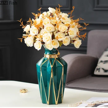 European De Culoare Verde Închis Vaza Ceramica Galvanizare Aur Cameră Pridvor Aranjament De Flori Meserii Vaza De Flori Decor Acasă