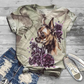 Europene și Americane de vara fete full-corp imprimate T-shirt gât rotund cu mâneci scurte vrac bottom tricou digital 3d câine Haraj