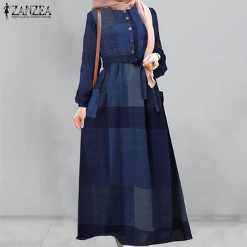 Femei 2021 Noua Moda de Toamna Elegant Musulman Rochie Lunga ZANZEA Retro Carouri cu Maneci Lungi Butonul Centura de Talie Dubai Abaya Caftan