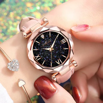 Femei Ceasuri cel Mai bun Vinde Cer Stele Cadran Ceas de Lux a Crescut de Aur pentru Femei Brățară Cuarț Încheietura Ceasuri