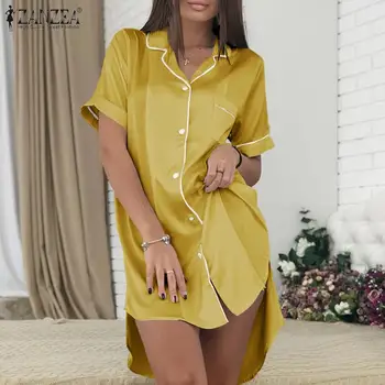 Femei Cămăși de noapte ZANZEA Moda Satin Sleepshirts 2021 Vara Neregulate cămașă de Noapte Acasă Casual Pijamale Mini Rochie Plus Dimensiune