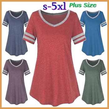 Femei de moda Casual Maneca Scurta Tricou de Vară de Îmbinare V Neck Top Culoare Solidă Vrac Tricouri Tricouri de Bumbac Plus Dimensiune 5xl 5 Culori